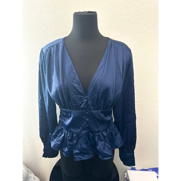JASON WU | Navy Satin Peplum Blouse Top Long Sleeve V-Neck NWT | Size Large - Picture 3 of 7